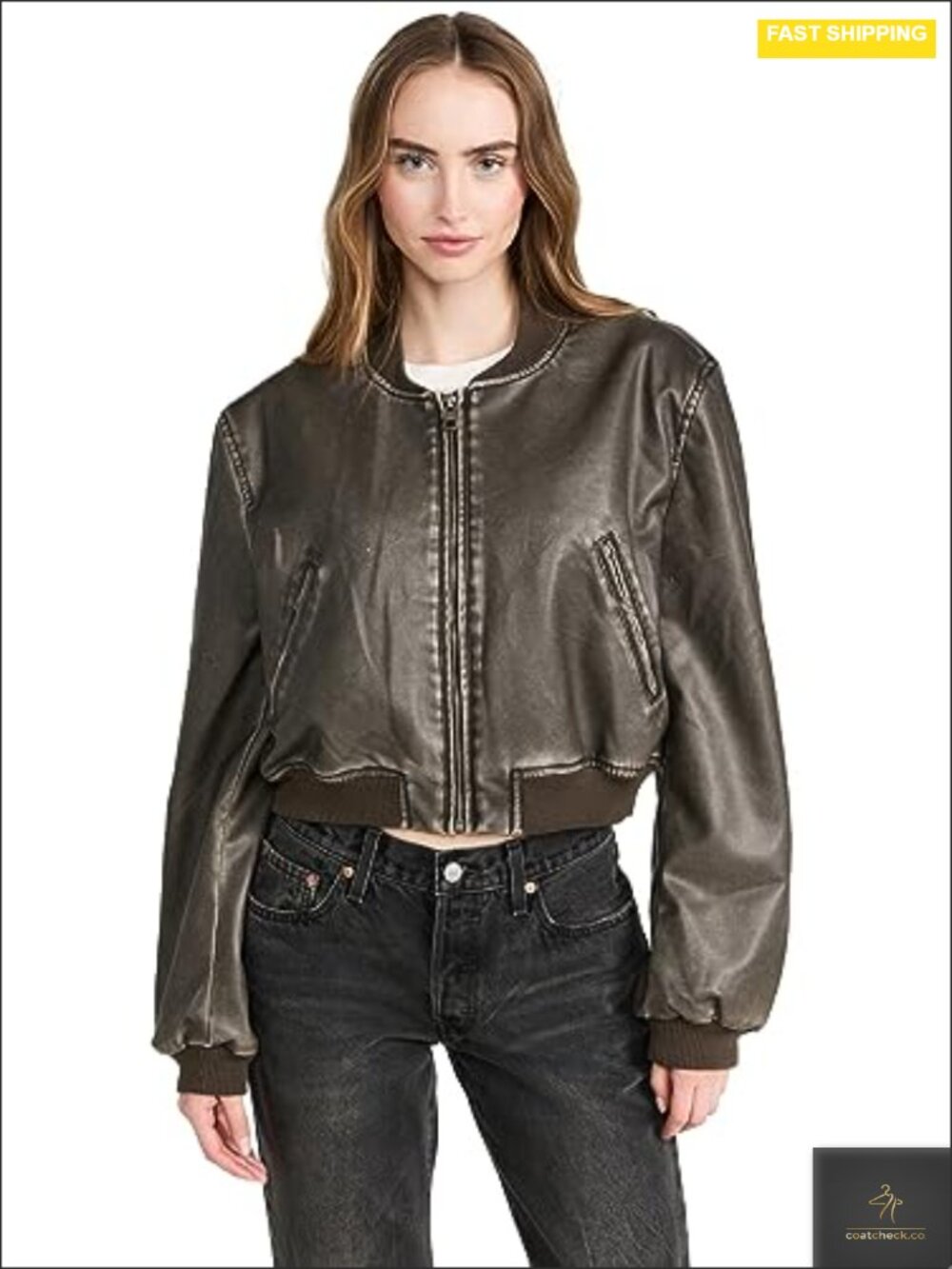 Women's Faux Leather Bomber Jacket Zip Front Ribbed Trim